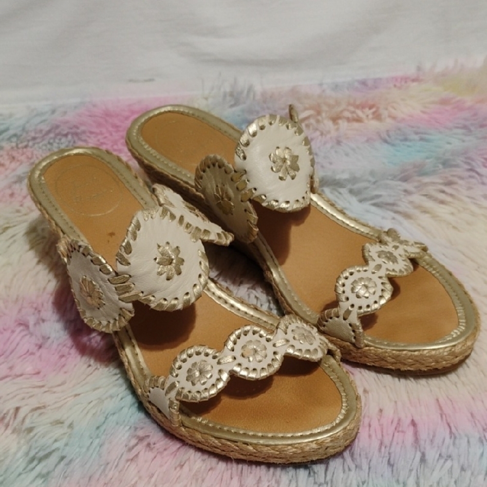 Jack Rogers Luccia Wedge Sandals W Gold Floral Accents Sz.9 Barely Worn #52 - Picture 11 of 12
